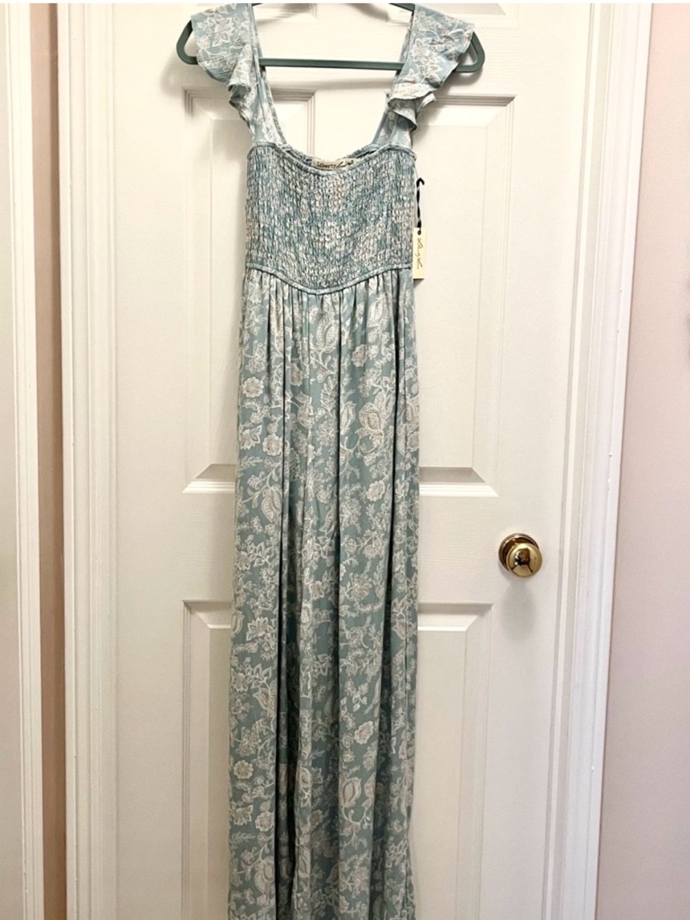 Liberty Love Sage Green/Blue Floral Smocked Wide Leg Jumpsuit Size Small NWT